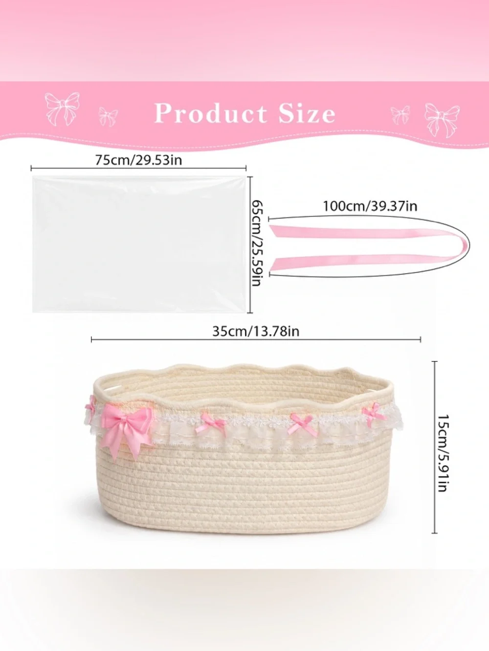 Decorative Pink Ribbon Cotton Rope Gift Basket with Bag & Ribbon